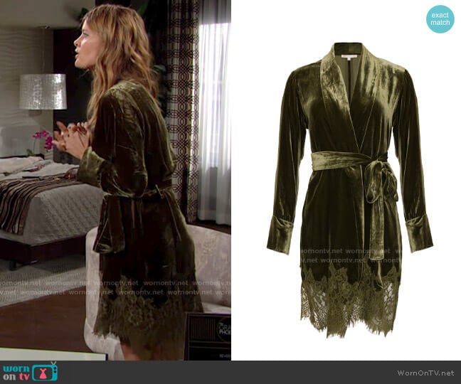 Gold Hawk Coco Lace Velvet Duster in Olive worn by Phyllis Summers (Michelle Stafford) on The Young and the Restless