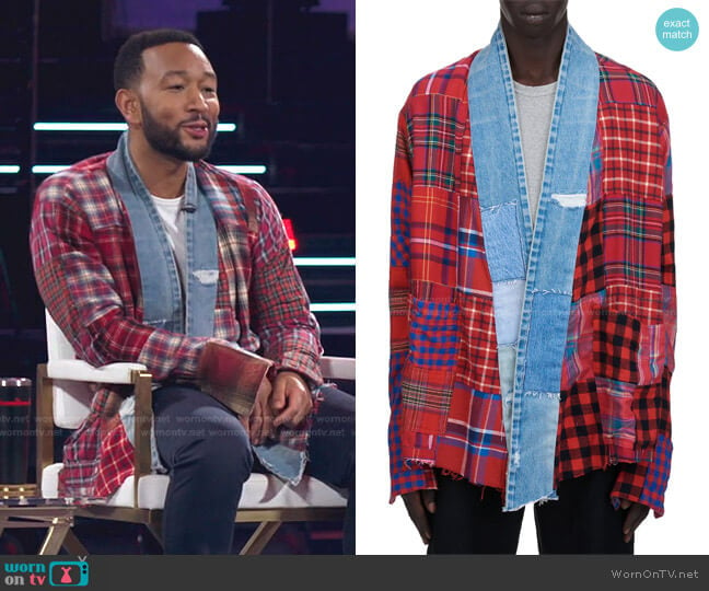 Plaid Scrapwork Kimono Jacket by Greg Lauren worn by John Legend on The Voice