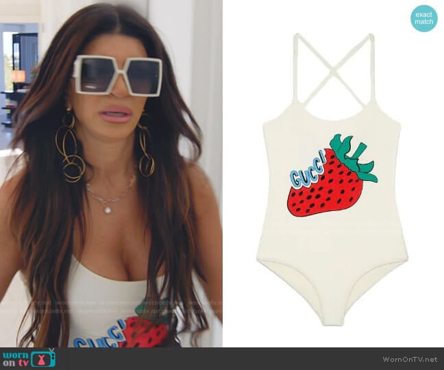 Lycra Bathing Suit with Gucci Strawberry Print by Gucci worn by Teresa Giudice on The Real Housewives Ultimate Girls Trip