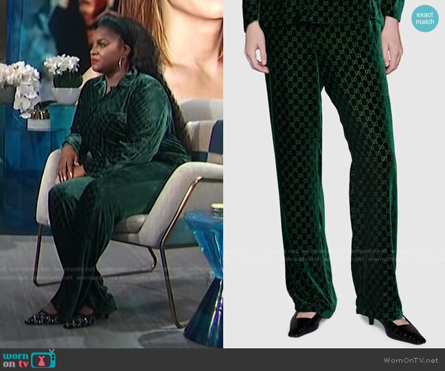 GG Velvet Trousers by Gucci worn by Ester Dean on E! News Daily Pop