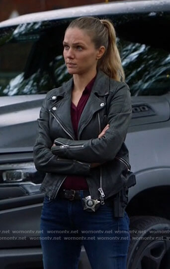Hailey's leather moto jacket on Chicago PD