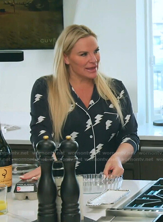 Heather's navy lightning bolt print pajamas on The Real Housewives of Salt Lake City