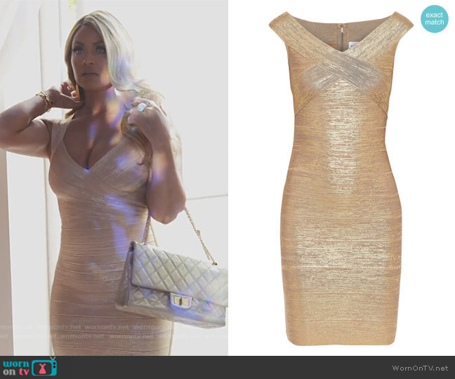 Off-the-shoulder Metallic Bandage Mini Dress by Herve Leger worn by Gizelle Bryant on The Real Housewives of Potomac
