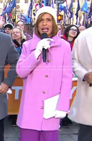 Hoda's pink coat and floral drop earrings on Today