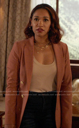 Iris's blazer with gold buttons on The Flash