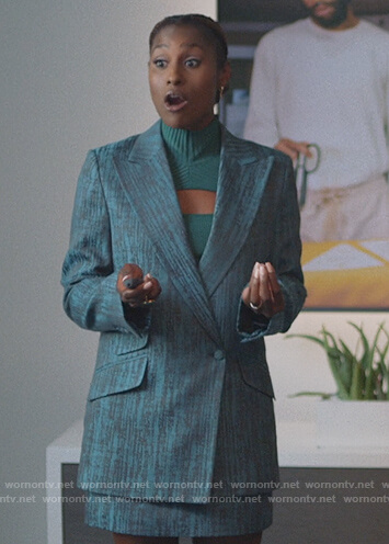 Issa's teal printed blazer on Insecure