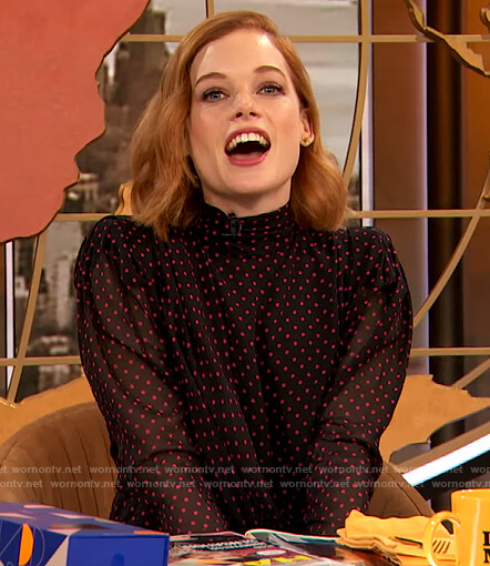 Jane Levy’s black polka dot dress on The Drew Barrymore Show