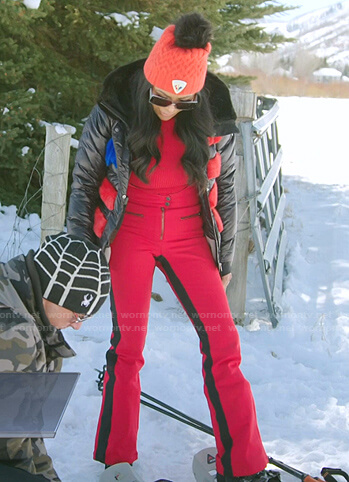 Jen’s black puffer ski jacket and pom pom beanie on The Real Housewives of Salt Lake City