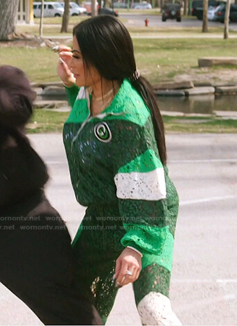 Jen's green lace track jacket and pants on The Real Housewives of Salt Lake City