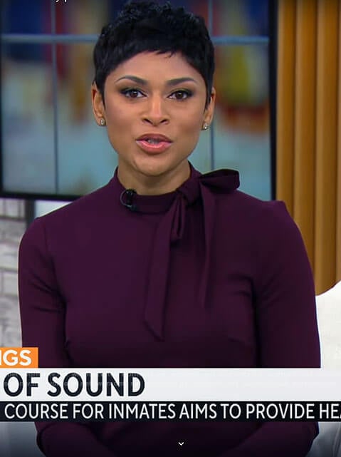 Jericka Duncan's purple bow neck dress on CBS Mornings