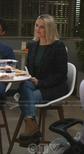 Jo's navy check blazer and suede boots on Greys Anatomy