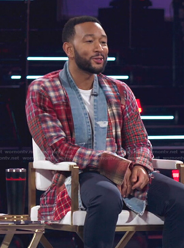 John Legend’s red plaid and denim patchwork jacket on The Voice