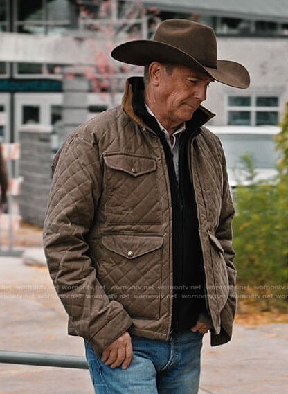 wornontv john s quilted jacket with corduroy collar on yellowstone kevin costner clothes and wardrobe from tv