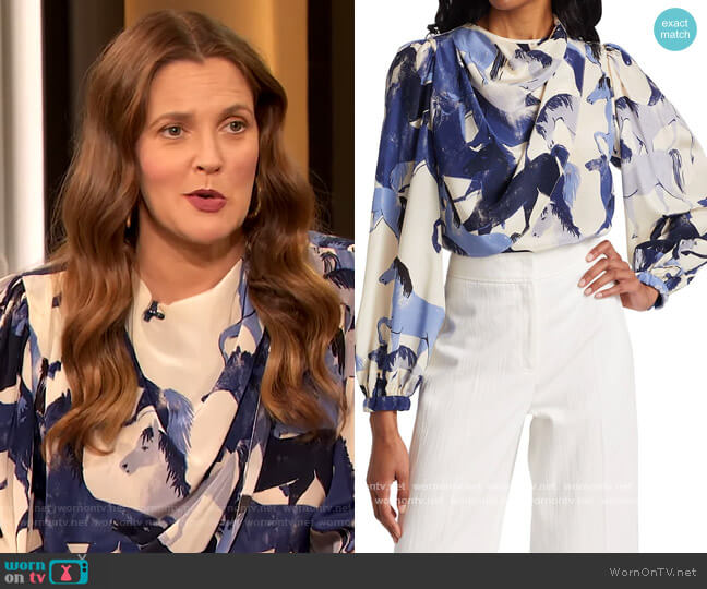 Nomadic Lifestyle Silk Cowlneck Blouse by Johanna Ortiz worn by Drew Barrymore on The Drew Barrymore Show
