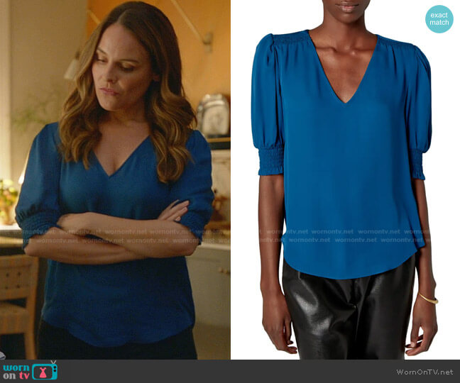 Karemele Smocked V-Neck Silk Top by Joie worn by Isabella Colón (Yara Martinez) on Bull