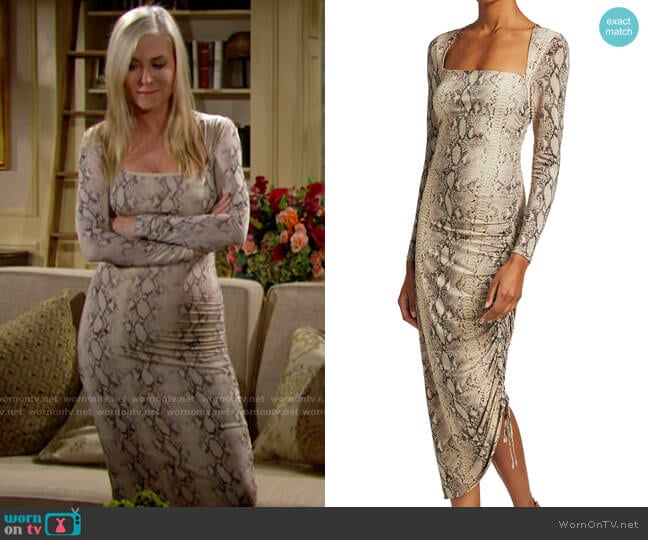 Jonathan Simkhai Standard Lex Slinky Jersey Side Ruched Midi Dress worn by Ashley Abbott (Eileen Davidson) on The Young and the Restless