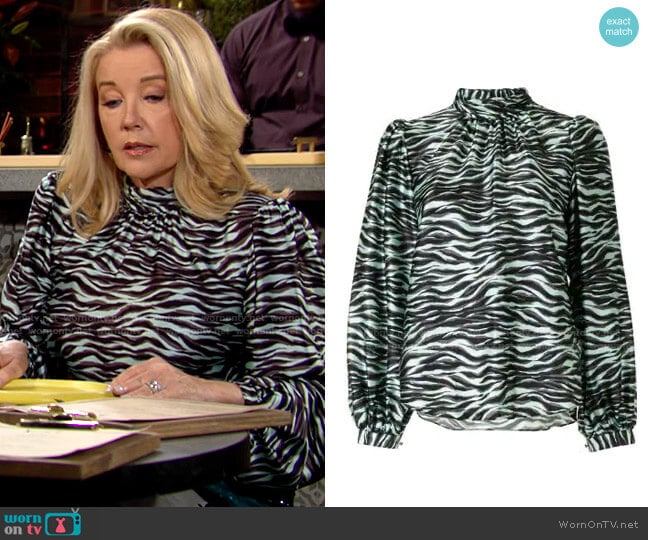 Jonathan Simkhai Zebra Print Blouse worn by Nikki Reed Newman (Melody Thomas-Scott) on The Young and the Restless