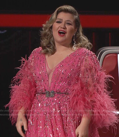 Kelly's pink embellished feather dress on The Voice