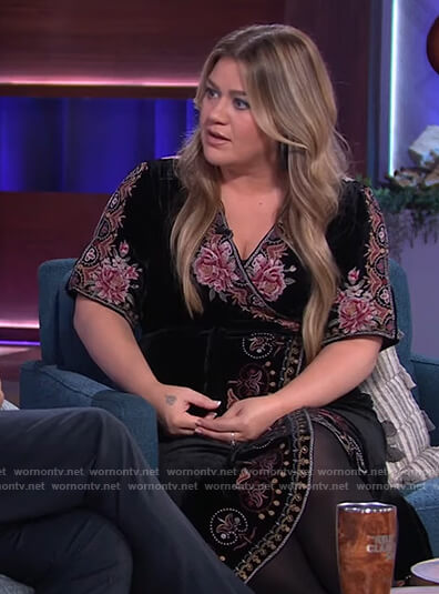 Kelly's black floral velvet wrap dress on The Kelly Clarkson Show