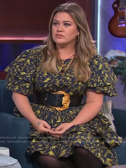 Kelly’s black printed ruffle dress on The Kelly Clarkson Show
