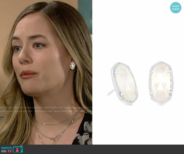 Kendra Scott Ellie Earrings in Ivory Mother of Pearl worn by Hope Logan (Annika Noelle) on The Bold and the Beautiful