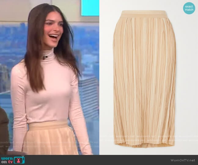 Sylvia frayed pleated striped jacquard midi skirt by Khaite worn by Emily Ratajkowski on The View