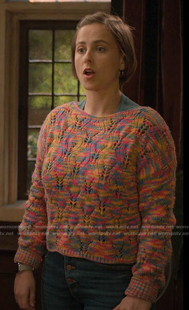Kimberly’s pink space dye pointelle sweater on The Sex Lives of College Girls