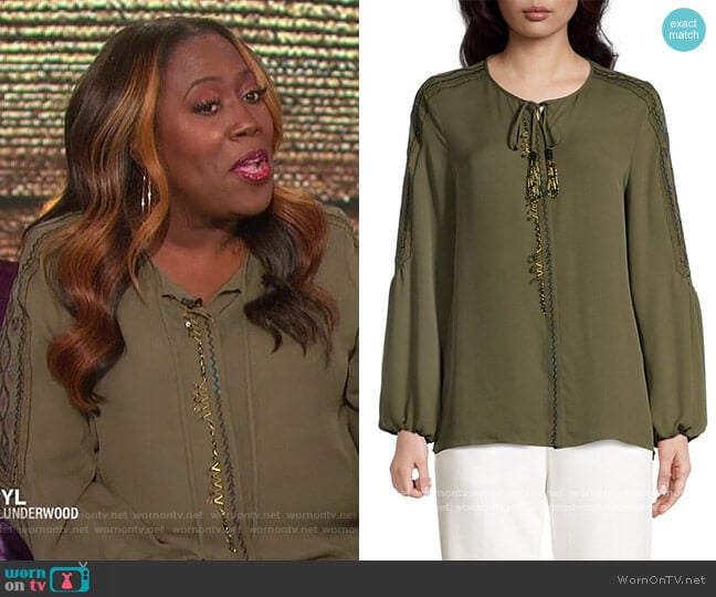 Maeve Tie-Neck Silk Blouse by Kobi Halperin worn by Sheryl Underwood on The Talk