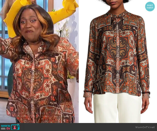 Tricia Printed Long-Sleeve Blouse by Kobi Halperin worn by Sheryl Underwood on The Talk