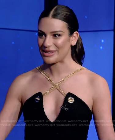 Lea Michele's black chain strap dress on Live with Kelly and Ryan
