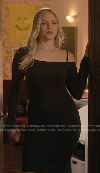 Leighton's black one-shoulder dress on The Sex Lives of College Girls