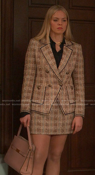 Leighton's tweed blazer and skirt set on The Sex Lives of College Girls