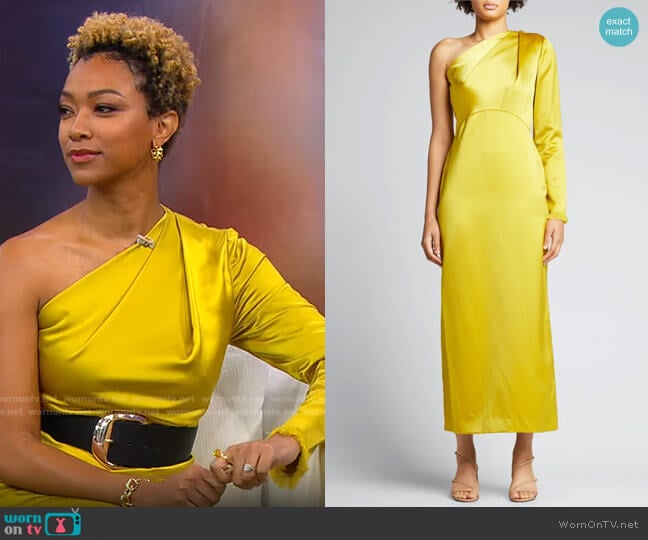 Lela Rose One Shoulder Midi Dress worn by Sonequa Martin-Green on CBS Mornings