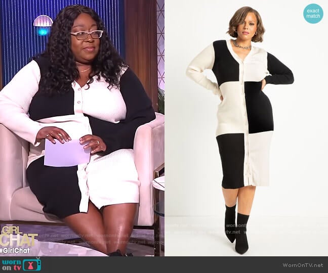 Colorblock Sweater Cardigan Dress by Eloquii worn by Loni Love on The Real