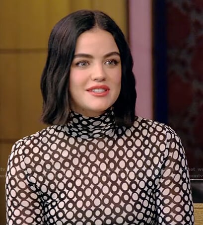 Lucy Hale’s ring print jumpsuit on Live with Kelly and Ryan