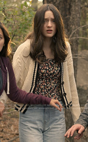 Madison's floral top and stripe trim cardigan on Big Sky