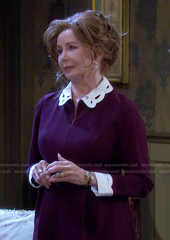 Maggie’s burgundy dress with white collar on Days of our Lives