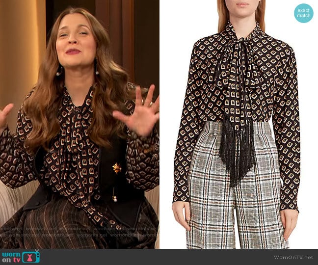 Runway Fringe Tie Neck Blouse by Marc Jacobs worn by Drew Barrymore on The Drew Barrymore Show