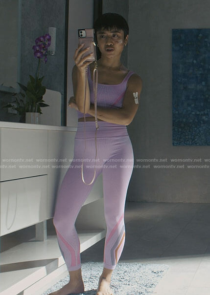 Margot’s pink sports bra and leggings set on I Know What You Did Last Summer