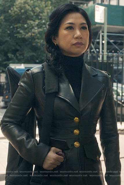 Mel’s leather jacket with gold buttons on The Equalizer