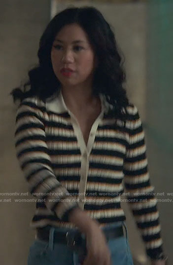 Mel’s striped button front sweater on The Equalizer