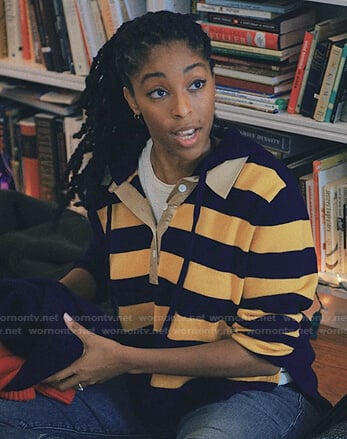 Mia's yellow rugby striped hooded sweater on Love Life