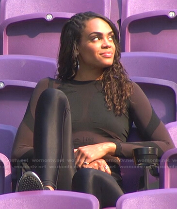 Michelle’s black long sleeve mesh top and leggings on The Bachelorette