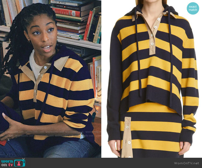 Mia’s yellow rugby striped sweater on Love Life