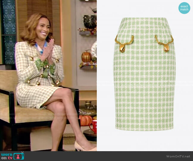 Cowbells Two Tone Tweed Skirt by Moschino worn by Paula Patton on Live with Kelly and Ryan