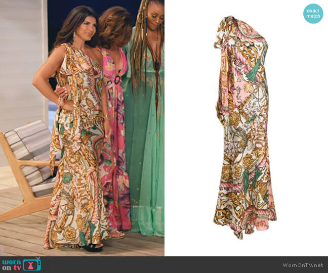 Baroque-Print One-Shoulder Dress by Moschino worn by Teresa Giudice on The Real Housewives Ultimate Girls Trip