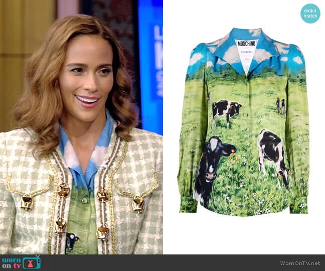 Farm-Print Checked Jacquard Shirt by Moschino worn by Paula Patton on Live with Kelly and Ryan