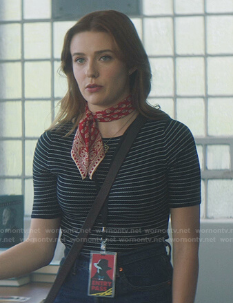 Nancy's navy striped top and red floral scarf on Nancy Drew