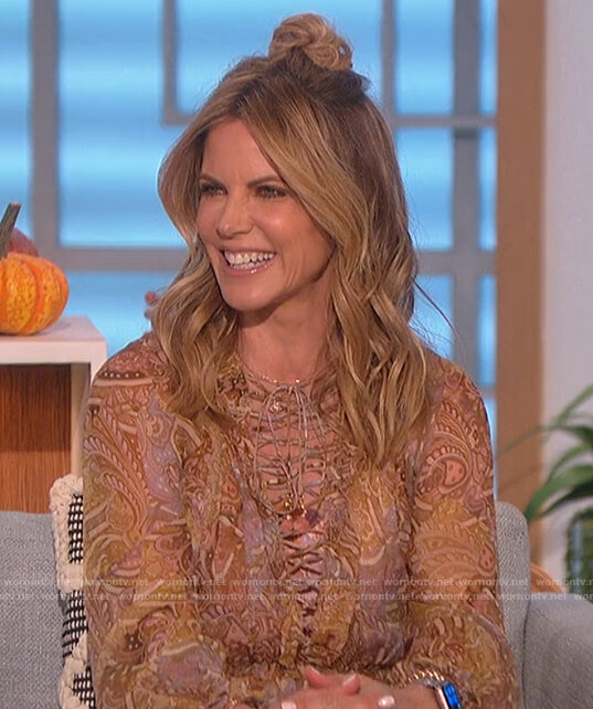Natalie’s paisley print lace up front dress on The Talk