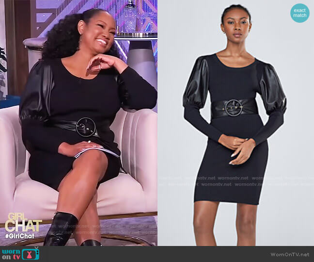 Faux Leather Puff Sleeve Sweater Dress by New York & Company worn by Garcelle Beauvais on The Real